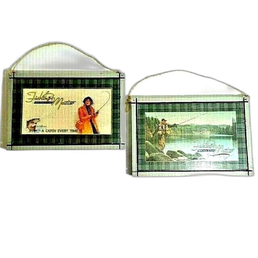 Fishing Master Rod Reels Lures Wood Signs Plaques Rainbow Trout Rustic 2-Pc NEW